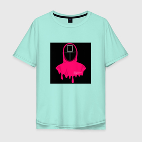 Мужская футболка хлопок Oversize с принтом Squid game (square) в Екатеринбурге, 100% хлопок | свободный крой, круглый ворот, “спинка” длиннее передней части | военный | игра | игра в кальмара | кальмар | квадрат | маска | охранник | розовая куртка | солдат