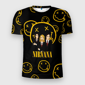 Мужская футболка 3D Slim с принтом Арт на группу Nirvana в Екатеринбурге, 100% полиэстер с улучшенными характеристиками | приталенный силуэт, круглая горловина, широкие плечи, сужается к линии бедра | kurt cobain | nevermino | nirvana | альтернативный | гранж | грол | дональд | курт кобейн | музыка | надпись | нервана | нирвана | новоселич | певец | рок группа | смайл | смайлик | солист
