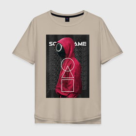 Мужская футболка хлопок Oversize с принтом Squid game (Red player) в Петрозаводске, 100% хлопок | свободный крой, круглый ворот, “спинка” длиннее передней части | игра | игра в кальмара | кальмар | квадрат | круг | охранник | популярный сериал | треугольник