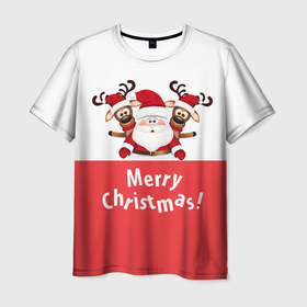 Мужская футболка 3D с принтом Санта с 2 Оленями в Санкт-Петербурге, 100% полиэфир | прямой крой, круглый вырез горловины, длина до линии бедер | Тематика изображения на принте: christmas | merry christmas | santa claus | дед мороз | ёлка | зима | мороз | новогодние олени | новый год | оленёнок бэмби | оленёнок рудольф | подарок | праздник | рождество | с новым годом | санта клаус