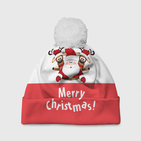 Шапка 3D c помпоном с принтом Санта с 2 Оленями в Екатеринбурге, 100% полиэстер | универсальный размер, печать по всей поверхности изделия | Тематика изображения на принте: christmas | merry christmas | santa claus | дед мороз | ёлка | зима | мороз | новогодние олени | новый год | оленёнок бэмби | оленёнок рудольф | подарок | праздник | рождество | с новым годом | санта клаус
