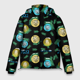 Мужская зимняя куртка 3D с принтом Новогодний принт с тиграми в Екатеринбурге, верх — 100% полиэстер; подкладка — 100% полиэстер; утеплитель — 100% полиэстер | длина ниже бедра, свободный силуэт Оверсайз. Есть воротник-стойка, отстегивающийся капюшон и ветрозащитная планка. 

Боковые карманы с листочкой на кнопках и внутренний карман на молнии. | Тематика изображения на принте: 2022 | christmas cat | kitten | mood | toys | tree | year | год | елка | елки | елочные | золотой | игрушки | кот | котенок | кошачьи | настроение | новогодние | новый тигра | пушистая | снежная | тигр | фон | черный