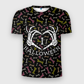 Мужская футболка 3D Slim с принтом Я люблю Хэллоуин в Екатеринбурге, 100% полиэстер с улучшенными характеристиками | приталенный силуэт, круглая горловина, широкие плечи, сужается к линии бедра | halloween | party | кости | костяшки | праздник | праздники | скелет | хэллоуин