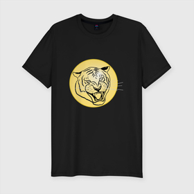 Мужская футболка хлопок Slim с принтом Тигр на новогоднем шарике , 92% хлопок, 8% лайкра | приталенный силуэт, круглый вырез ворота, длина до линии бедра, короткий рукав | golden | head | holiday | mascot | new year | symbol | tiger | year of the tiger | год тигра | голова | золотой | новый год | праздник | символ | талисман | тигр