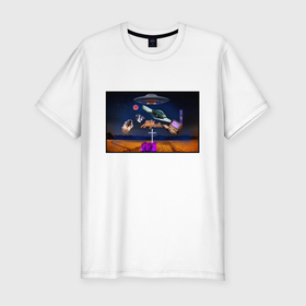 Мужская футболка хлопок Slim с принтом UFO on the field в Курске, 92% хлопок, 8% лайкра | приталенный силуэт, круглый вырез ворота, длина до линии бедра, короткий рукав | cosmos | geek | ufo | космос | нло
