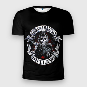 Мужская футболка 3D Slim с принтом SOA Outlow в Санкт-Петербурге, 100% полиэстер с улучшенными характеристиками | приталенный силуэт, круглая горловина, широкие плечи, сужается к линии бедра | biker | bikers | son of anarchy | байкер | байкеры | сериал | сериалы | сыны анархии