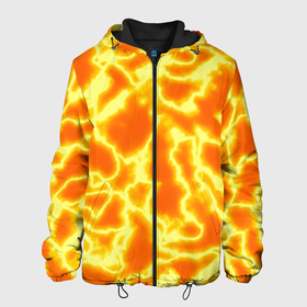 Мужская куртка 3D с принтом Огненная вспышка в Новосибирске, ткань верха — 100% полиэстер, подклад — флис | прямой крой, подол и капюшон оформлены резинкой с фиксаторами, два кармана без застежек по бокам, один большой потайной карман на груди. Карман на груди застегивается на липучку | abstract | fire | flame | flash | gradient | lightning | neon | orange | абстракция | в огне | взрыв | вспышка | горящий | градиент | лава | молния | неоновый | огненные молнии | огонь | оранжевый принт | переливы | пламя | пожар