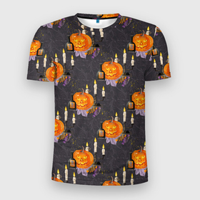 Мужская футболка 3D Slim с принтом Хэллоуин   тыквы и свечи в Санкт-Петербурге, 100% полиэстер с улучшенными характеристиками | приталенный силуэт, круглая горловина, широкие плечи, сужается к линии бедра | свеча | свечи | ужасы | хеллоуин | хелоуин | хэллоуин | хэлоуин