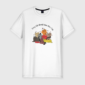 Мужская футболка хлопок Slim с принтом Девять кошек в Тюмени, 92% хлопок, 8% лайкра | приталенный силуэт, круглый вырез ворота, длина до линии бедра, короткий рукав | cats | kitty | life | девять | кошки