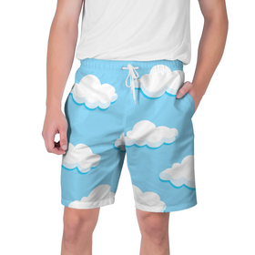 Мужские шорты 3D с принтом Белые облака в Тюмени,  полиэстер 100% | прямой крой, два кармана без застежек по бокам. Мягкая трикотажная резинка на поясе, внутри которой широкие завязки. Длина чуть выше колен | Тематика изображения на принте: арт | небо | облака | облако | природа | рисунок | синий