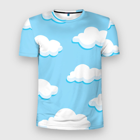 Мужская футболка 3D Slim с принтом Белые облака в Тюмени, 100% полиэстер с улучшенными характеристиками | приталенный силуэт, круглая горловина, широкие плечи, сужается к линии бедра | Тематика изображения на принте: арт | небо | облака | облако | природа | рисунок | синий