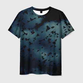 Мужская футболка 3D с принтом Flock of birds , 100% полиэфир | прямой крой, круглый вырез горловины, длина до линии бедер | bird | flock of birds | halloween | мрачное небо | птицы | стая птиц