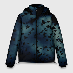Мужская зимняя куртка 3D с принтом Flock of birds в Курске, верх — 100% полиэстер; подкладка — 100% полиэстер; утеплитель — 100% полиэстер | длина ниже бедра, свободный силуэт Оверсайз. Есть воротник-стойка, отстегивающийся капюшон и ветрозащитная планка. 

Боковые карманы с листочкой на кнопках и внутренний карман на молнии. | Тематика изображения на принте: bird | flock of birds | halloween | мрачное небо | птицы | стая птиц