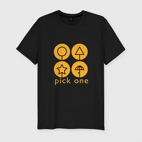 Мужская футболка хлопок Slim с принтом Pick one в Тюмени, 92% хлопок, 8% лайкра | приталенный силуэт, круглый вырез ворота, длина до линии бедра, короткий рукав | dalgona | netflix | squid game | далгона | игра в кальмара | нетфликс | сахарные соты