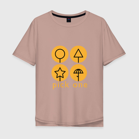 Мужская футболка хлопок Oversize с принтом Pick one в Курске, 100% хлопок | свободный крой, круглый ворот, “спинка” длиннее передней части | dalgona | netflix | squid game | далгона | игра в кальмара | нетфликс | сахарные соты