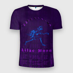 Мужская футболка 3D Slim с принтом LILAC MOON в Курске, 100% полиэстер с улучшенными характеристиками | приталенный силуэт, круглая горловина, широкие плечи, сужается к линии бедра | Тематика изображения на принте: crown | dark | gothic | halloween | moon | neon | skeleton | skull | луна | скелет | смайл | фиолетовый | хэллоуин | череп