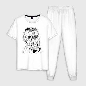 Мужская пижама хлопок с принтом Jujutsu Kaisen Dolyy Noire в Новосибирске, 100% хлопок | брюки и футболка прямого кроя, без карманов, на брюках мягкая резинка на поясе и по низу штанин
 | anime | jujutsu kaisen | manga | ryomen sukuna | sorsery fight | yuji itadori | аниме | двуликий призрак | джутсу кайсен | дзюдзюцу кайсэн | засранец | итадори юдзи | король проклятий | маг | магическая битва | манга | проклятия