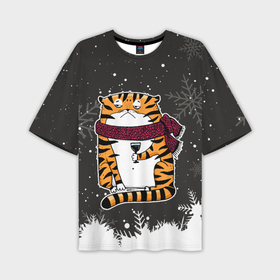 Мужская футболка OVERSIZE 3D с принтом Тигр с бокалом вина в Новосибирске,  |  | 2022 | год тигра | новый год | новый год 2022 | символ года | тигр | тигренок | тигрица | тигры