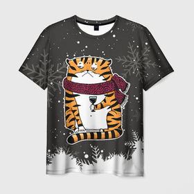 Мужская футболка 3D с принтом Тигр с бокалом вина в Петрозаводске, 100% полиэфир | прямой крой, круглый вырез горловины, длина до линии бедер | 2022 | год тигра | новый год | новый год 2022 | символ года | тигр | тигренок | тигрица | тигры