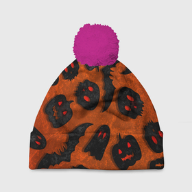 Шапка 3D c помпоном с принтом Halloween print в Кировске, 100% полиэстер | универсальный размер, печать по всей поверхности изделия | Тематика изображения на принте: halloween | подарок на хэллоуин | страшный принт | тыква хэллоуин | ужастик | хэллоуин