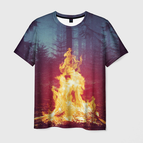 Мужская футболка 3D с принтом Пикник в лесу в Курске, 100% полиэфир | прямой крой, круглый вырез горловины, длина до линии бедер | Тематика изображения на принте: искра | костёр | лес | лето | ночь | огонь | природа