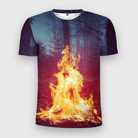 Мужская футболка 3D Slim с принтом Пикник в лесу в Екатеринбурге, 100% полиэстер с улучшенными характеристиками | приталенный силуэт, круглая горловина, широкие плечи, сужается к линии бедра | искра | костёр | лес | лето | ночь | огонь | природа