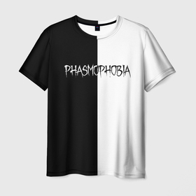 Мужская футболка 3D с принтом Phasmophobia logo ч б в Белгороде, 100% полиэфир | прямой крой, круглый вырез горловины, длина до линии бедер | Тематика изображения на принте: horror | phasmophobia | игра | пхасмафобия | пхасмофобия | фазмофобия | фасмофобия | хоррор