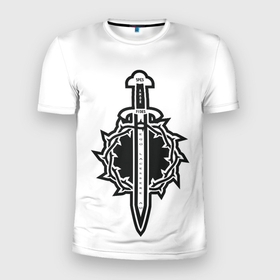 Мужская футболка 3D Slim с принтом Меч Силы в Екатеринбурге, 100% полиэстер с улучшенными характеристиками | приталенный силуэт, круглая горловина, широкие плечи, сужается к линии бедра | вера | доблесть | клинок | латынь | меч | отвага