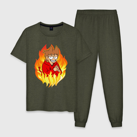 Мужская пижама хлопок с принтом Tord EDDSWORLD в Белгороде, 100% хлопок | брюки и футболка прямого кроя, без карманов, на брюках мягкая резинка на поясе и по низу штанин
 | дьявол | зло | огонь | персонаж | пламя