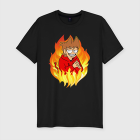 Мужская футболка хлопок Slim с принтом Tord EDDSWORLD в Белгороде, 92% хлопок, 8% лайкра | приталенный силуэт, круглый вырез ворота, длина до линии бедра, короткий рукав | дьявол | зло | огонь | персонаж | пламя