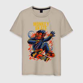 Мужская футболка хлопок с принтом Обезьяна космонавт на скейте в Тюмени, 100% хлопок | прямой крой, круглый вырез горловины, длина до линии бедер, слегка спущенное плечо. | космонавт | обезьяна | планета | скафандр | скейт | уличный стиль