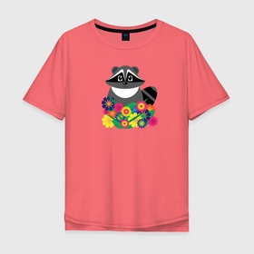 Мужская футболка хлопок Oversize с принтом Цветочный енот в Курске, 100% хлопок | свободный крой, круглый ворот, “спинка” длиннее передней части | букет | весёлый | детский | енот | енотик | животные | звери | мультяшный | разноцветный | цветной | цветы