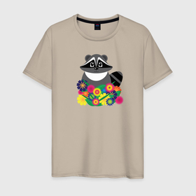 Мужская футболка хлопок с принтом Цветочный енот в Санкт-Петербурге, 100% хлопок | прямой крой, круглый вырез горловины, длина до линии бедер, слегка спущенное плечо. | букет | весёлый | детский | енот | енотик | животные | звери | мультяшный | разноцветный | цветной | цветы