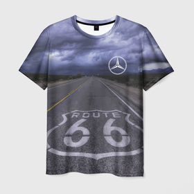 Мужская футболка 3D с принтом Мерседес, трасса 66 , 100% полиэфир | прямой крой, круглый вырез горловины, длина до линии бедер | mercedes | nature | road | route | sky | speed | дорога | мерседес | небо | природа | скорость | трасса 66 | шоссе