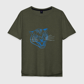 Мужская футболка хлопок Oversize с принтом Контур головы синего тигра, арт лайн. в Новосибирске, 100% хлопок | свободный крой, круглый ворот, “спинка” длиннее передней части | blue | head | holiday | mascot | new year | symbol | tiger | year of the tiger | арт лайн | год тигра | кошка | новогодний | новый год | праздник | символ | талисман
