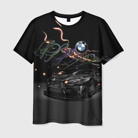 Мужская футболка 3D с принтом Бэха в ночном городе в Петрозаводске, 100% полиэфир | прямой крой, круглый вырез горловины, длина до линии бедер | bmw | car | germany | night | prestige | автомобиль | бмв | бэха | германия | ночь | огни | престиж