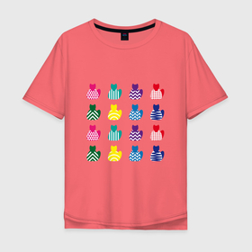 Мужская футболка хлопок Oversize с принтом Узорные коты в Новосибирске, 100% хлопок | свободный крой, круглый ворот, “спинка” длиннее передней части | животные | звери | коты | кошки | минимализм | паттерн | разноцветный | символ | современный | узор | цветной