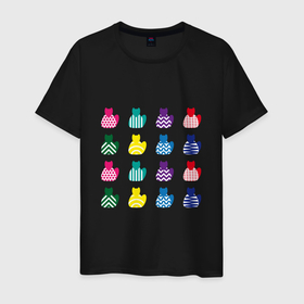 Мужская футболка хлопок с принтом Узорные коты в Санкт-Петербурге, 100% хлопок | прямой крой, круглый вырез горловины, длина до линии бедер, слегка спущенное плечо. | животные | звери | коты | кошки | минимализм | паттерн | разноцветный | символ | современный | узор | цветной