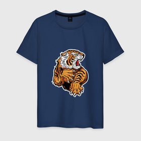 Мужская футболка хлопок с принтом Tiger Man в Екатеринбурге, 100% хлопок | прямой крой, круглый вырез горловины, длина до линии бедер, слегка спущенное плечо. | 2022 | animal | cat | lion | tiger | год тигра | животные | зверь | зубы | кот | кошка | лев | охотник | полосатый | природа | тигр | тигренок | тигрица | хищник