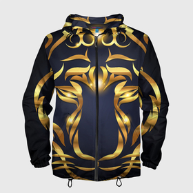 Мужская ветровка 3D с принтом Золотой символ года Тигр в Новосибирске, 100% полиэстер | подол и капюшон оформлены резинкой с фиксаторами, два кармана без застежек по бокам, один потайной карман на груди | в чем встречать новый год | золотой узор | идея подарка на новый год | подарок на новый год | символ нового года | тигр золотой | тигр символ года 2022 | узоры из золота