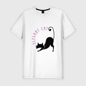 Мужская футболка хлопок Slim с принтом Кошка и потягушки в Тюмени, 92% хлопок, 8% лайкра | приталенный силуэт, круглый вырез ворота, длина до линии бедра, короткий рукав | животные | кот | кошка | надпись | силуэт | символ | черный