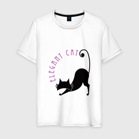 Мужская футболка хлопок с принтом Кошка и потягушки , 100% хлопок | прямой крой, круглый вырез горловины, длина до линии бедер, слегка спущенное плечо. | животные | кот | кошка | надпись | силуэт | символ | черный