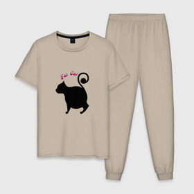 Мужская пижама хлопок с принтом Кот толстый в Новосибирске, 100% хлопок | брюки и футболка прямого кроя, без карманов, на брюках мягкая резинка на поясе и по низу штанин
 | животные | кот | кошка | надпись | рисунок | силуэт | символ | черный