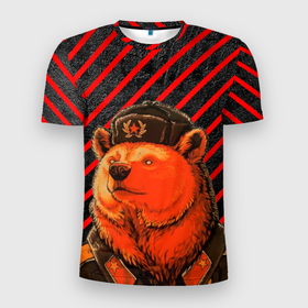 Мужская футболка 3D Slim с принтом Медведь в форме в Екатеринбурге, 100% полиэстер с улучшенными характеристиками | приталенный силуэт, круглая горловина, широкие плечи, сужается к линии бедра | Тематика изображения на принте: red alert | красная тревога | медведь | медведь в ушанке | медведь в форме | медведь в шапке | медведь в шляпе | медведь ссср | мишка | мишка в форме | русский медведь | русский медведь в форме | солдат