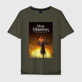 Мужская футболка хлопок Oversize с принтом В поле в Санкт-Петербурге, 100% хлопок | свободный крой, круглый ворот, “спинка” длиннее передней части | Тематика изображения на принте: halloween | арт | графика | зомби | мистика | праздник | тыква | ужасы | хэллоуин