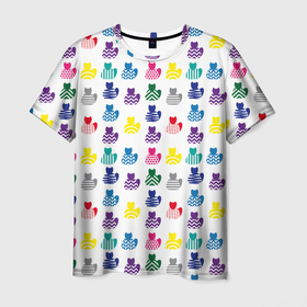 Мужская футболка 3D с принтом Узор из котов в Белгороде, 100% полиэфир | прямой крой, круглый вырез горловины, длина до линии бедер | животные | кот | кошка | орнамент | разноцветный | символ | узор | цветной | яркий