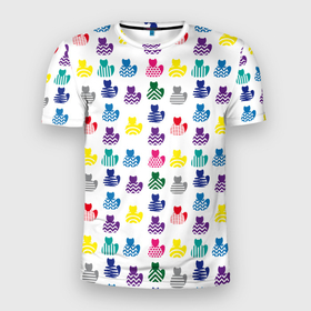 Мужская футболка 3D Slim с принтом Узор из котов в Белгороде, 100% полиэстер с улучшенными характеристиками | приталенный силуэт, круглая горловина, широкие плечи, сужается к линии бедра | Тематика изображения на принте: животные | кот | кошка | орнамент | разноцветный | символ | узор | цветной | яркий
