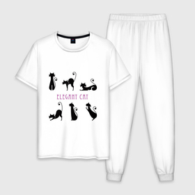 Мужская пижама хлопок с принтом Элегантные коты в Петрозаводске, 100% хлопок | брюки и футболка прямого кроя, без карманов, на брюках мягкая резинка на поясе и по низу штанин
 | животные | кот | кошка | надпись | силуэт | символ | черный