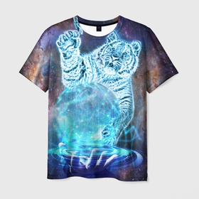Мужская футболка 3D с принтом Звездный тигр в Новосибирске, 100% полиэфир | прямой крой, круглый вырез горловины, длина до линии бедер | год тигра | космос | неоновый тигр | синий тигр | тигр
