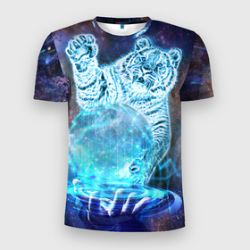Мужская футболка 3D Slim с принтом Звездный тигр в Екатеринбурге, 100% полиэстер с улучшенными характеристиками | приталенный силуэт, круглая горловина, широкие плечи, сужается к линии бедра | год тигра | космос | неоновый тигр | синий тигр | тигр